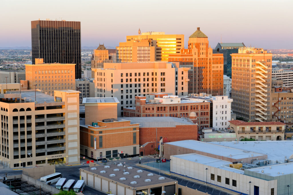 Downtown El Paso Texas skyline seen just before sunset.